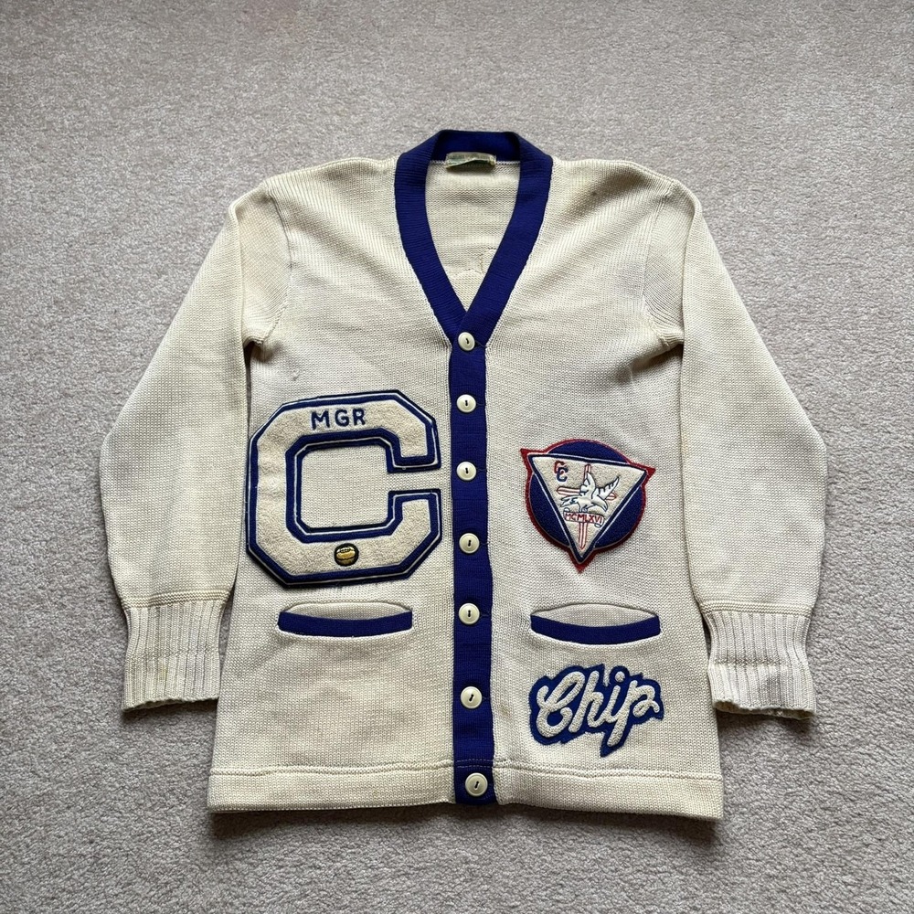 Vintage Falcons Letterman Sweater Mens Medium Cardigan Blue Chenille Patches 60s